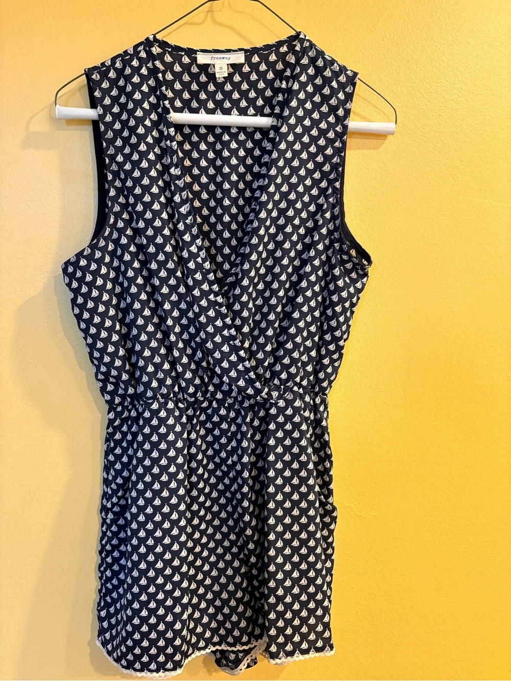 White Sailboat Print Navy Romper